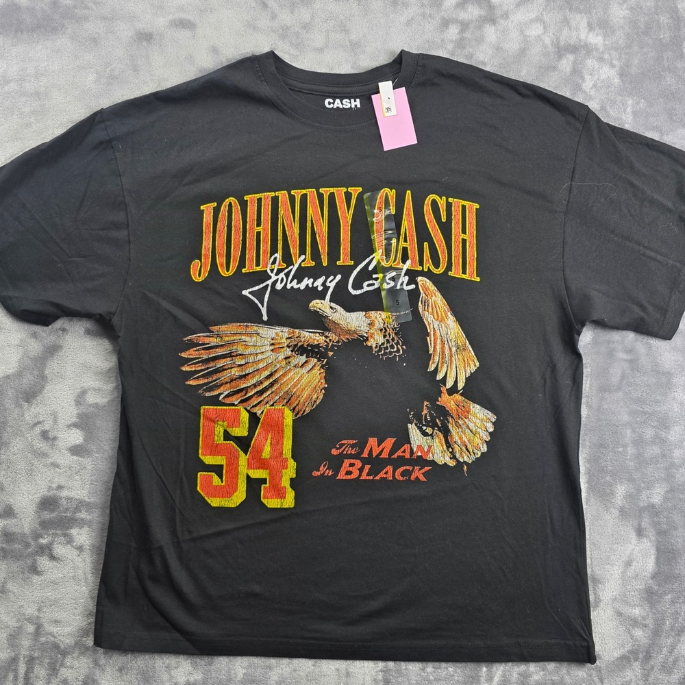 Johnny Cash Graphic T-Shirt Mens Small Black Ring of Fire Eagle Double Sided